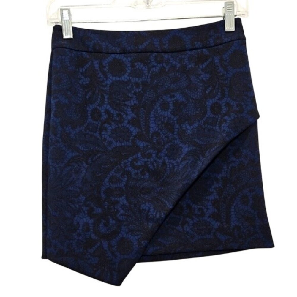 Express Paisley Lace Asymmetrical Mini Skirt Size 0 Career Office Stretch Blue